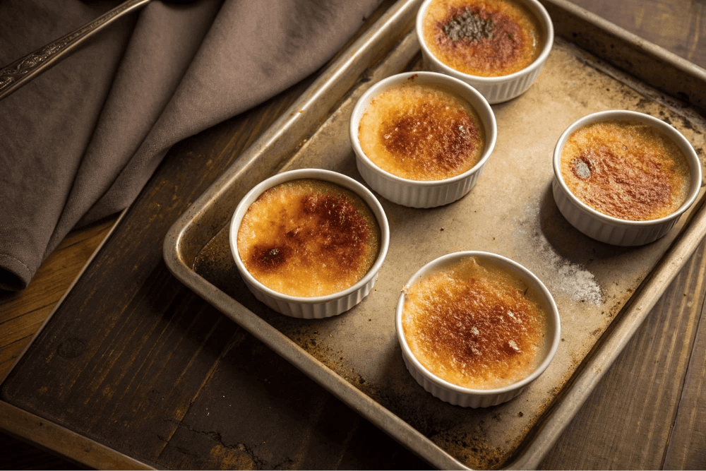 six ramekins filled with golden crème brûlée placed on a baking sheet
