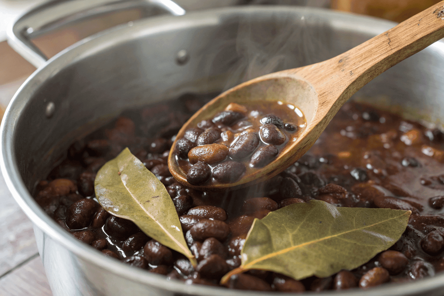 Steaming black beans cooked with bay leaves in a pot.