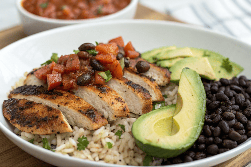 Chipotle Black Beans served with with rice, grilled chicken, salsa, and avocado..