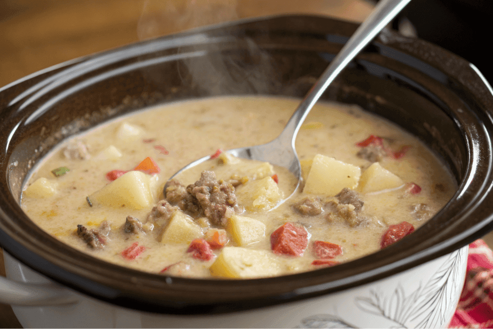 Crockpot creamy potato and hamburger soup.