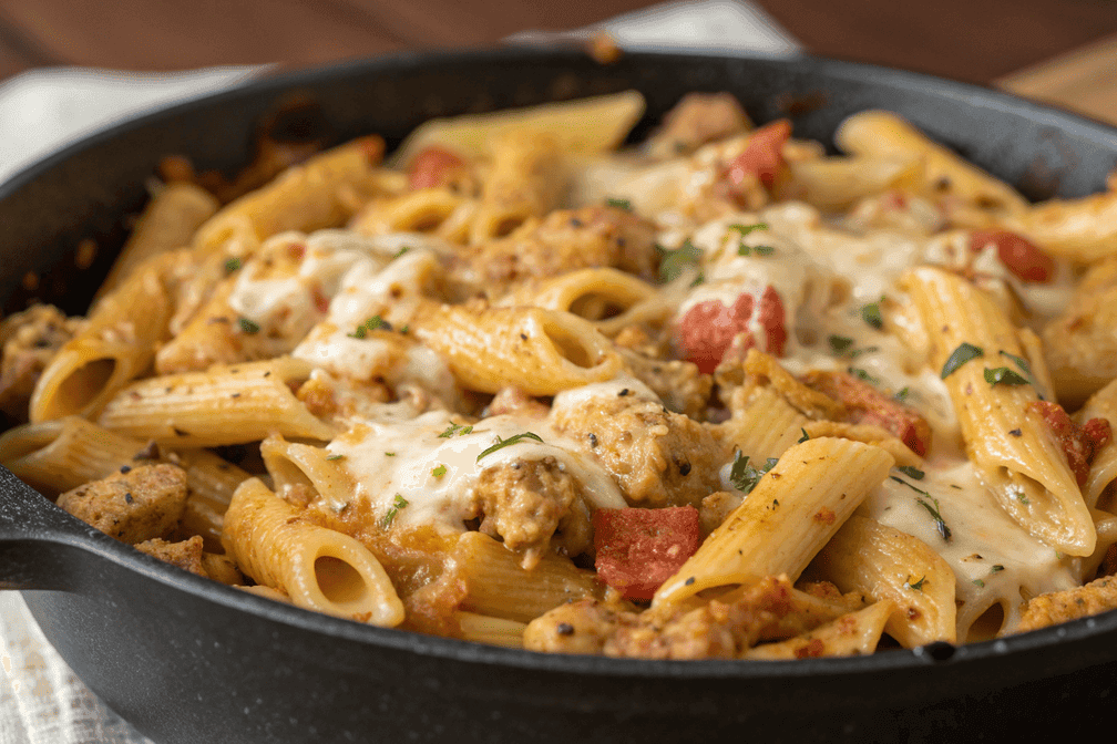 One-Skillet Cheesy Ground Chicken Pasta.