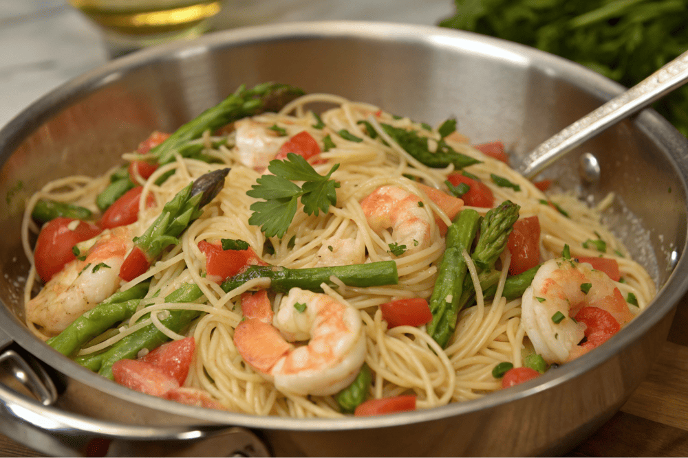 dish of angel hair pasta mixed with shrimp small