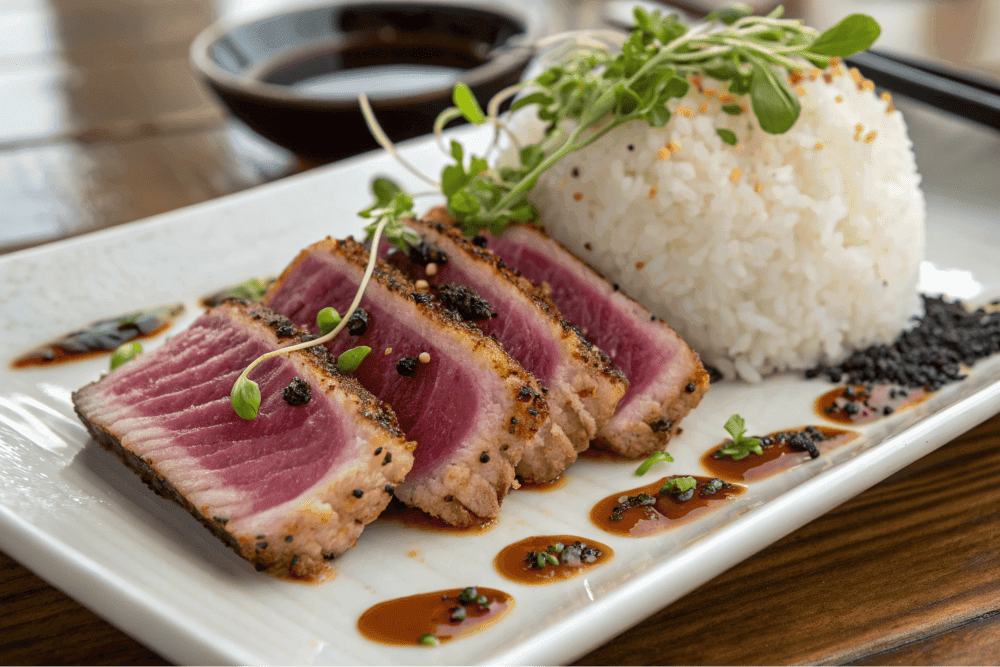 Seared Ahi Tuna with Steamed Jasmine Rice.