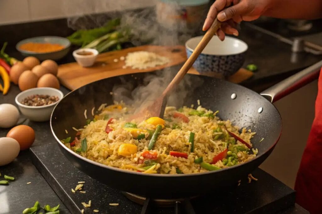 Stir-frying  Anjappar Egg Fried Rice in a wok 