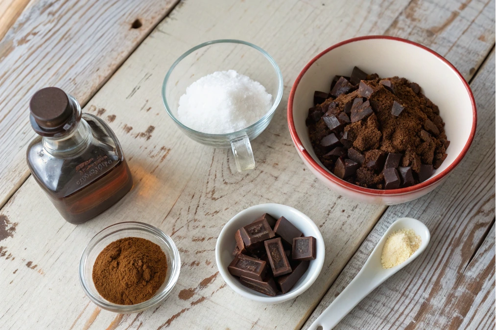 Ingredients for chocolate sauce, including cocoa powder, dark chocolate, sugar, water, vanilla extract, and salt, arranged on a wooden surface