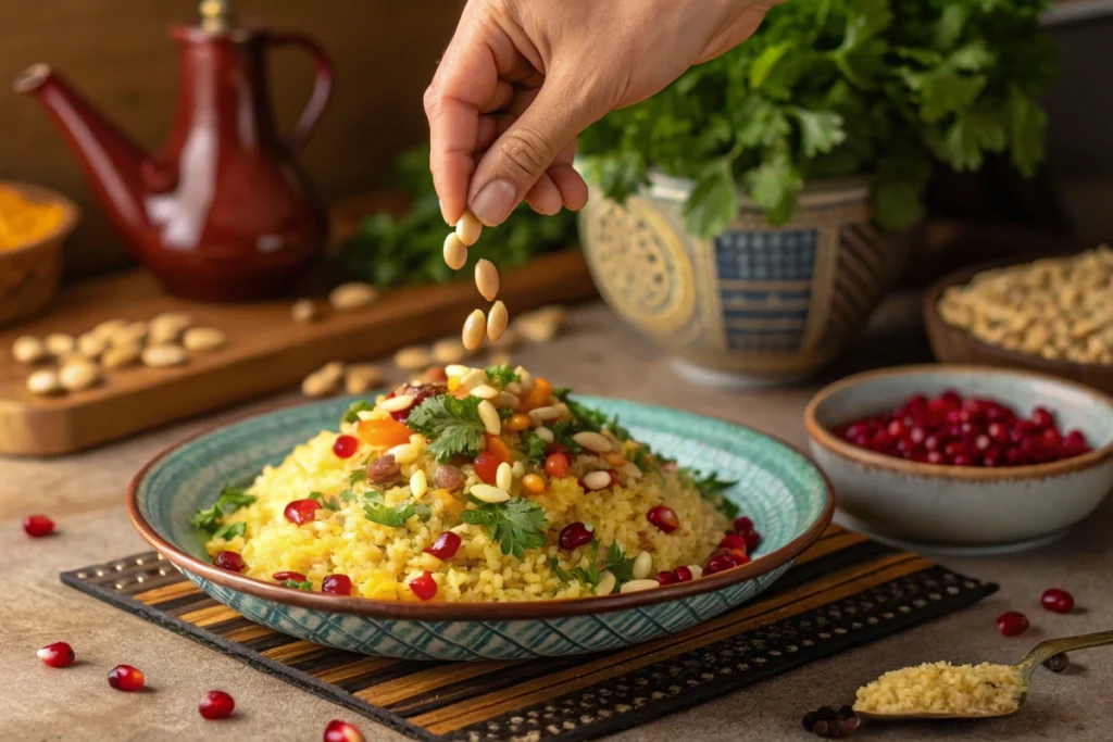 A vibrant dish being garnished with toasted pine nuts by hand, resting on a terra massoud surrounded by fresh parsley and pomegranate arils.