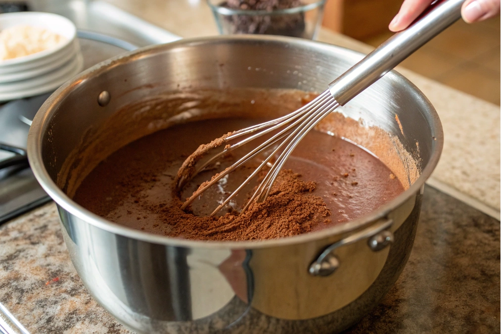 A saucepan with cocoa powder, sugar, and salt being whisked together on a countertop.