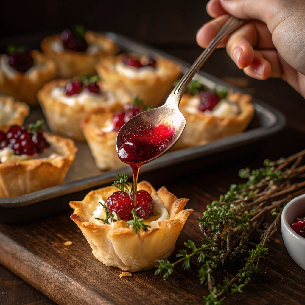 Hand spooning vibrant red cranberry sauce into a golden phyllo cup filled with creamy goat cheese, garnished with fresh thyme. In the background, more cranberry phyllo cups rest on a baking tray, creating a warm and festive holiday atmosphere