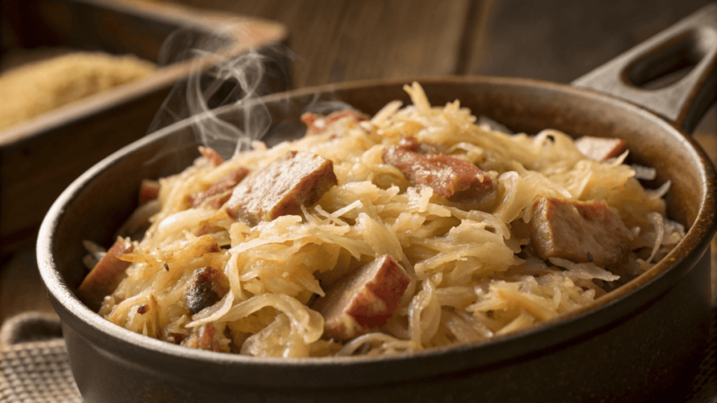 Traditional Coal Miner’s sauerkraut with pork chunks in a rustic skillet.