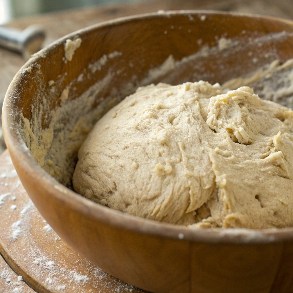 A large bowl containing shaggy, slightly sticky dough for Vegan Jalapeno Cheese Artisan Bread.