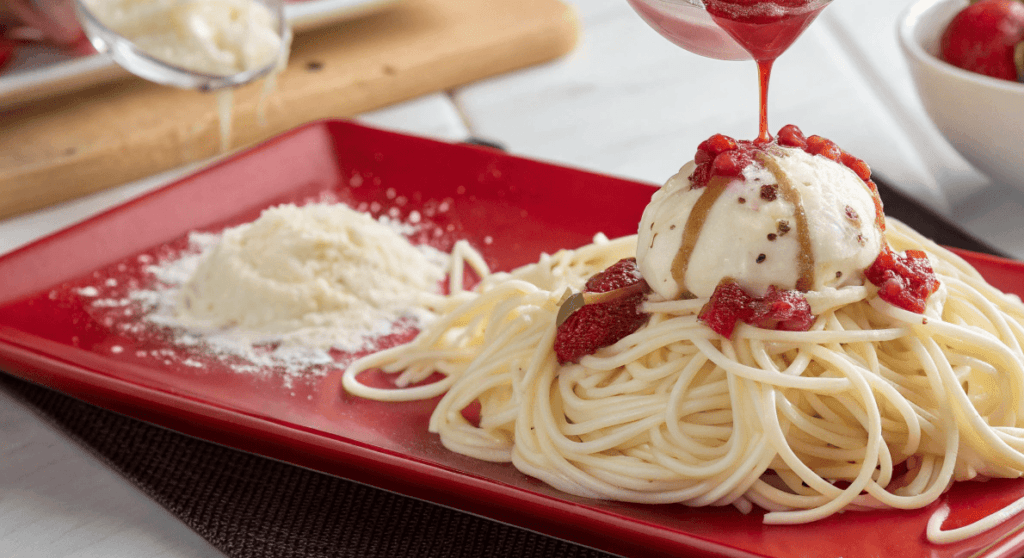 Ice Cream base topeped with Bolognese Sauce Twist. Bolognese Ice Cream