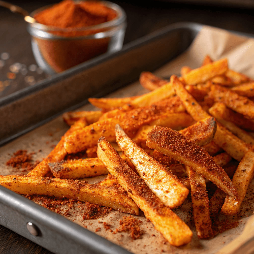 Homemade spicy oven-baked fries seasoned with paprika and chili powder, served on a parchment-lined baking tray with a bowl of seasoning in the background.