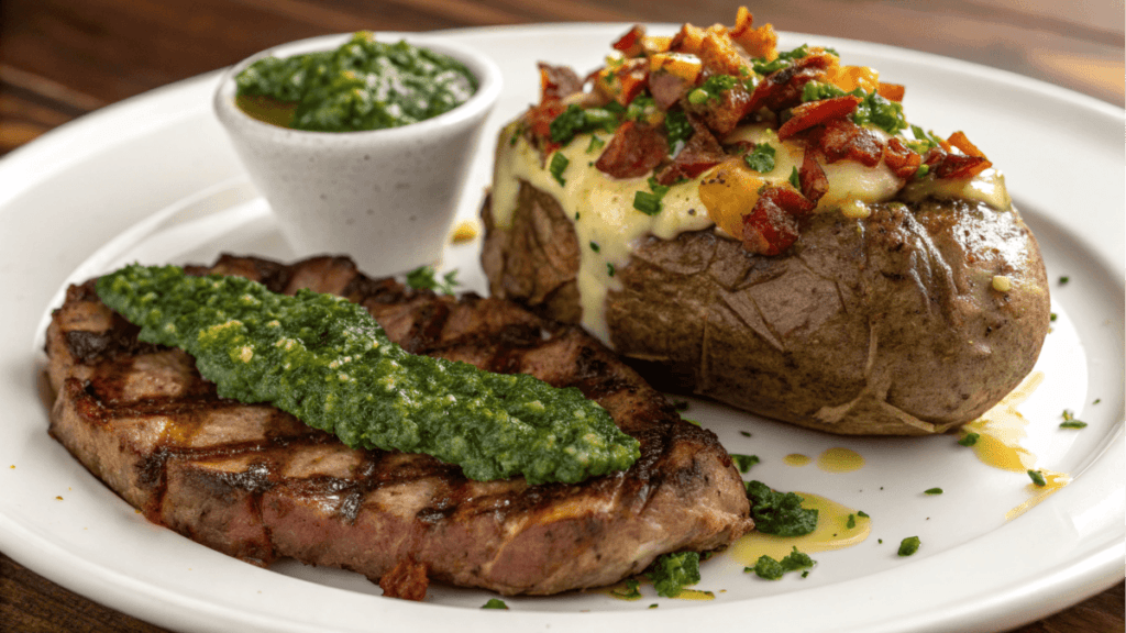 Cowboy Steak. chimichurri sauce and loaded baked potato