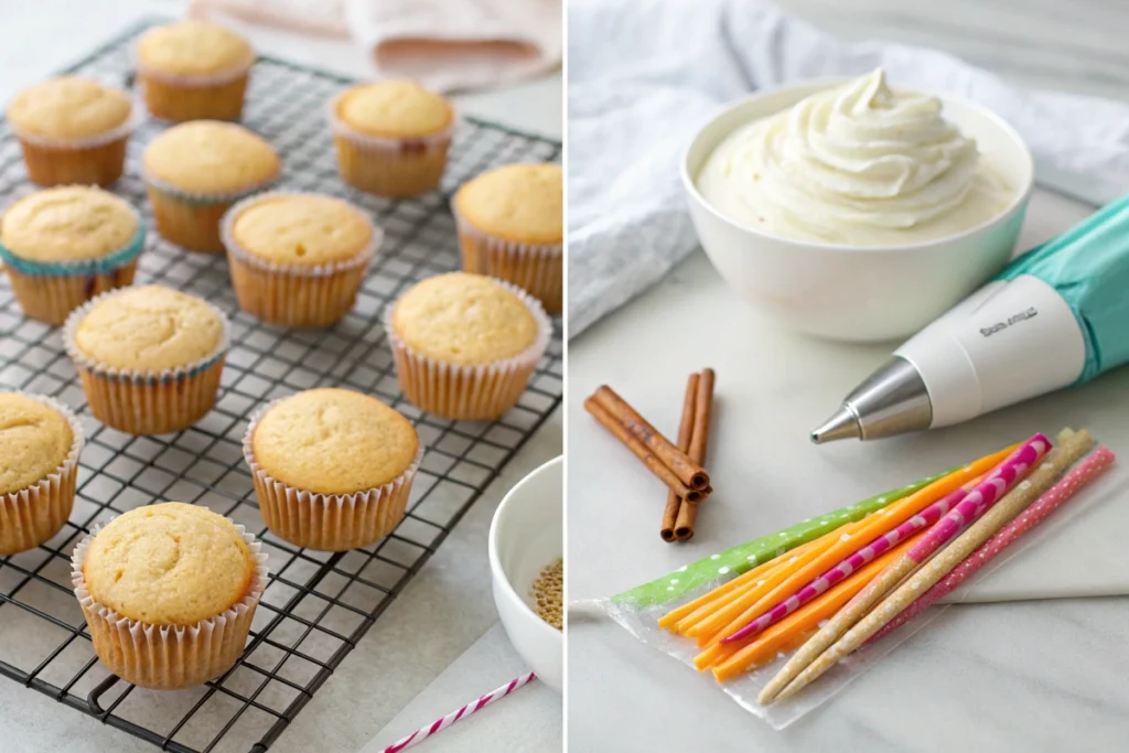 Two-part image showing cupcake preparation. On the left, freshly baked cupcakes cool on a wire rack. On the right, cupcake decorating tools, including colorful fondant strips, pretzel sticks, and a piping bag with white frosting, are arranged on a clean kitchen surface