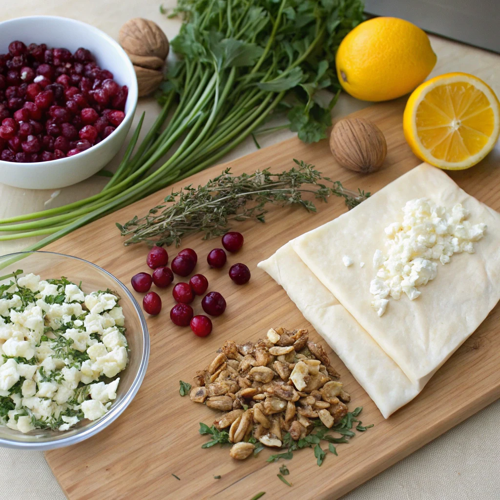 Flat lay of ingredients for cranberry phyllo cups including Phyllo Dough, Goat Cheese, and Cranberries, Nuts, Herbs, and Zest.