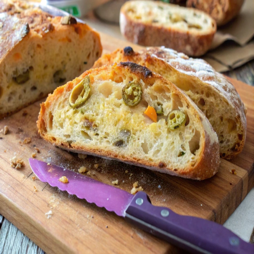 A slice of artisan bread with jalapeños and cheese on a wooden board.