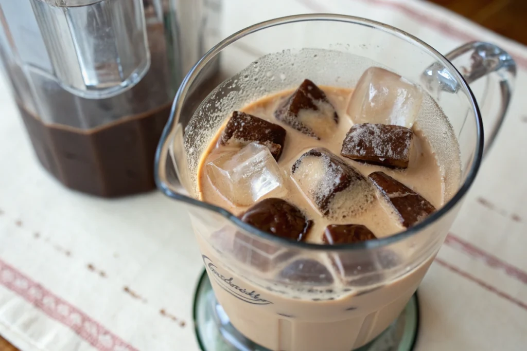 In a blender,  3 oz of Baileys Irish Cream, 1 oz of vodka, 2 tbsp of chocolate syrup, and ¼ cup of milk and  some ice cubes to chill the mixture.