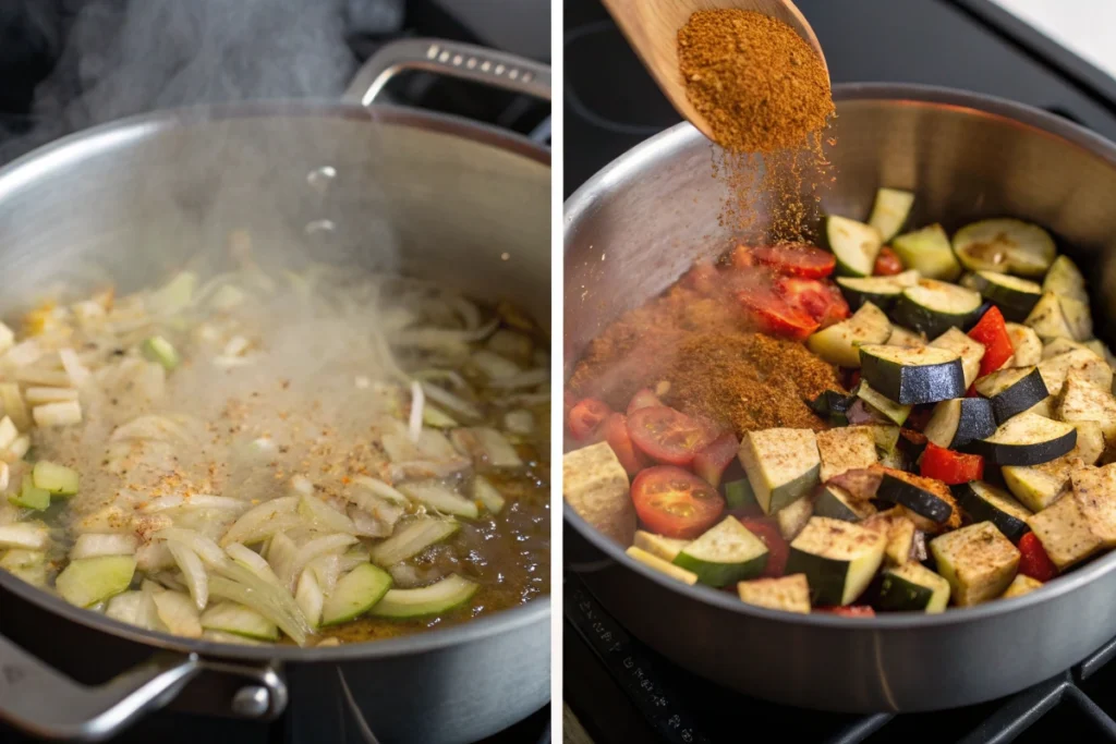 Step-by-step depiction of preparing Terra Massoud showing Onions sautéing in olive oil transition to vibrant zucchini, tomatoes, and spices being added, creating a flavorful base.