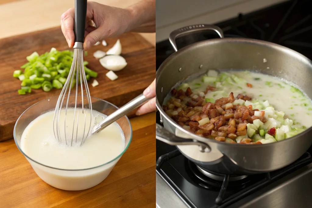 Step-by-step preparation of Grandmother's Restaurant Omaha clam chowder recipe: On the left, whisking clam juice and milk into a smooth mixture; on the right, sautéed bacon, celery, and potatoes simmering in a pot.