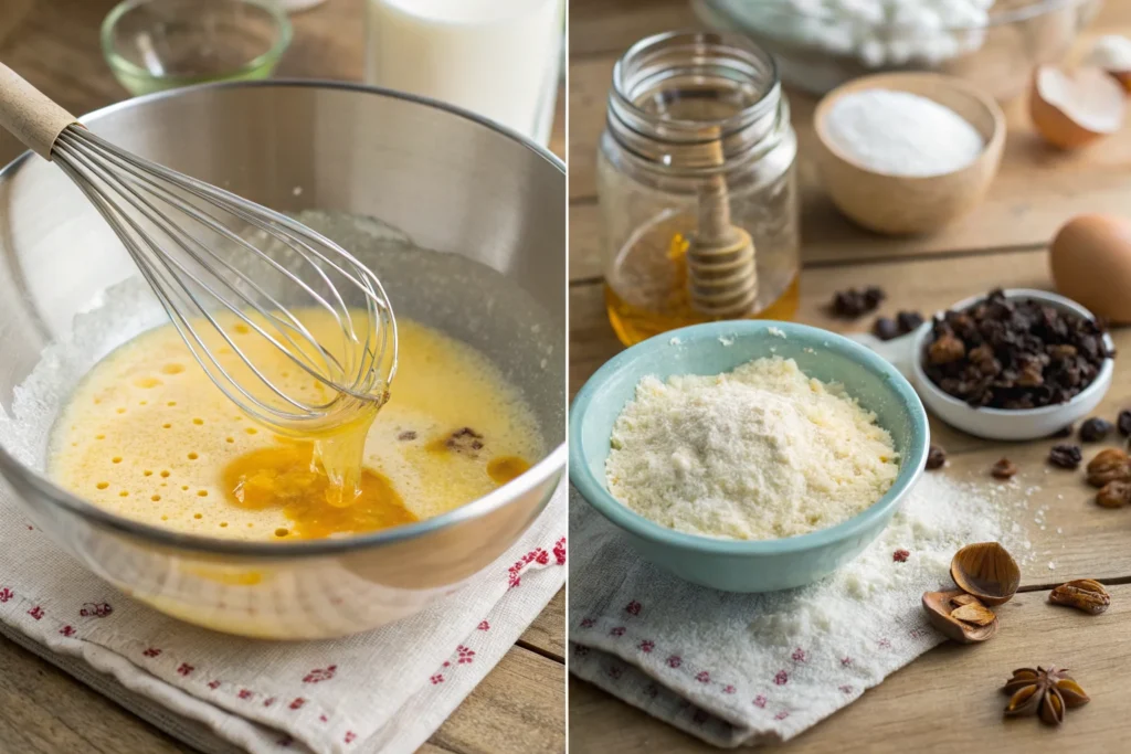 Step-by-step preparation of GAPS raisin muffins batter: On the left, whisked eggs are mixed with honey, coconut oil, and vanilla extract in a large bowl. On the right, dry ingredients like coconut flour and baking soda are folded into the wet mixture with a spatula, along with raisins, in a rustic kitchen setting.