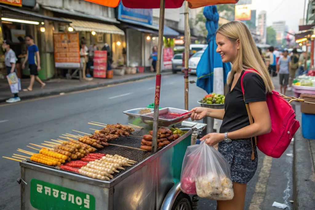 Young woman buying grilled street food from a vendor on a busy urban street