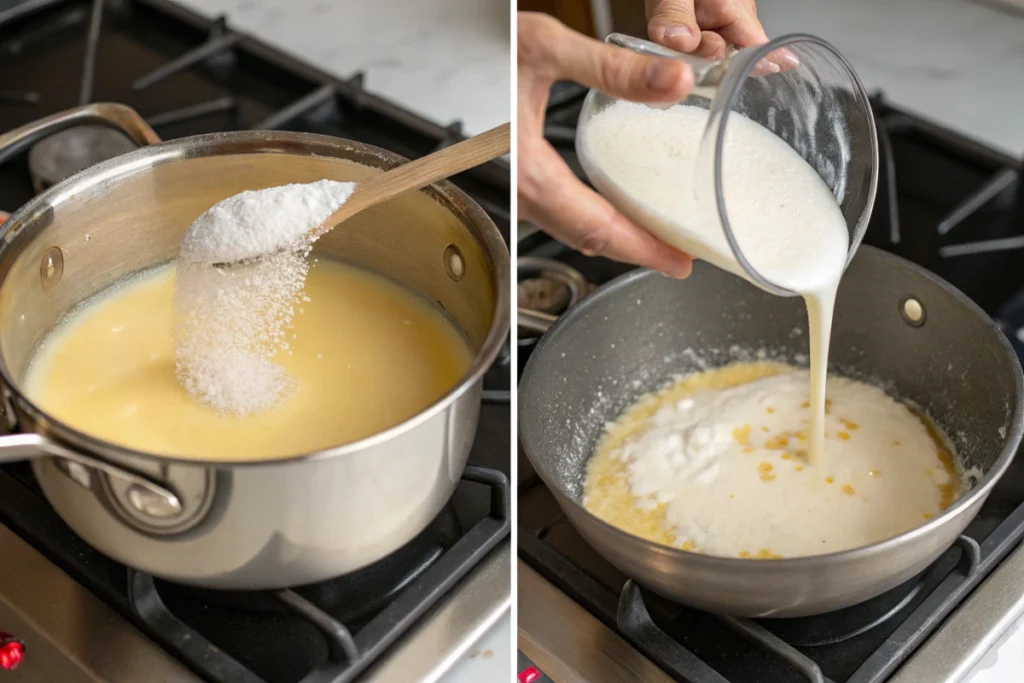 Two-step cooking scene: 1. Left: Stirring milk, sugar, and salt in a saucepan. 2. Right: Gradually adding cornstarch solution, thickening into pudding. Both steps fused together.