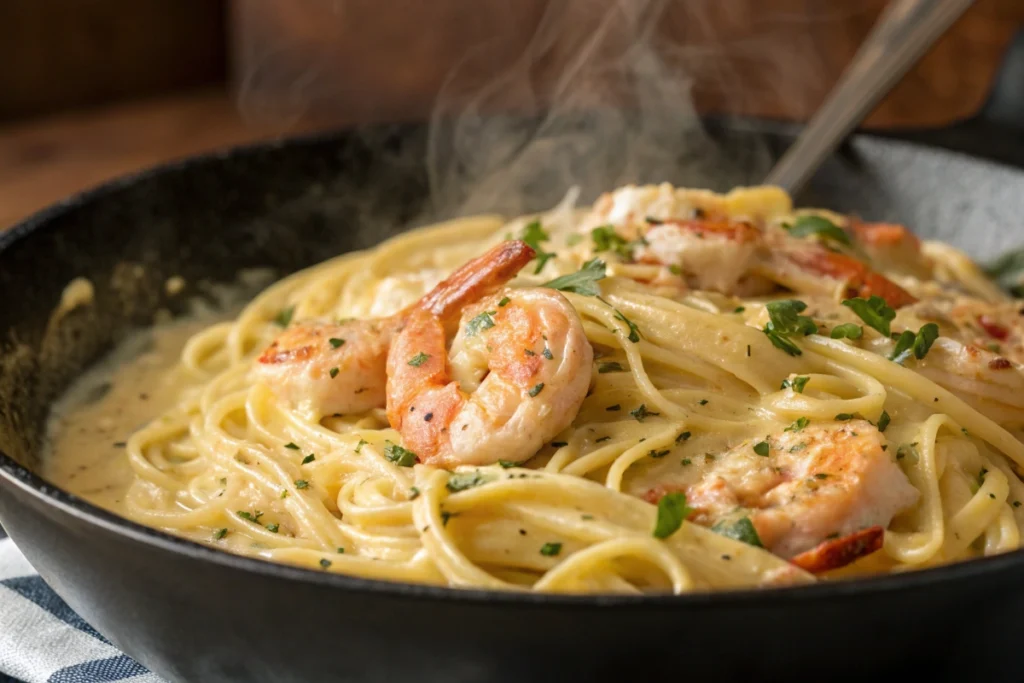 A steaming bowl of creamy garlic butter pasta with langostino and fresh herbs served in a skillet