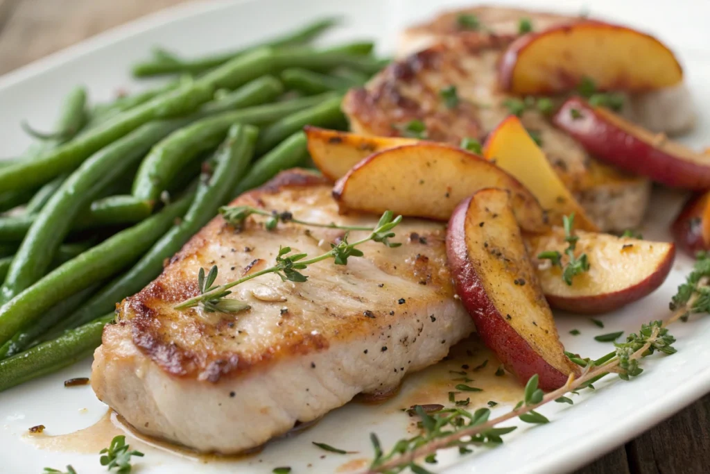 Green Beans with Pork Chops with Roasted Apples and Herbes de Provence: A French Culinary Delight