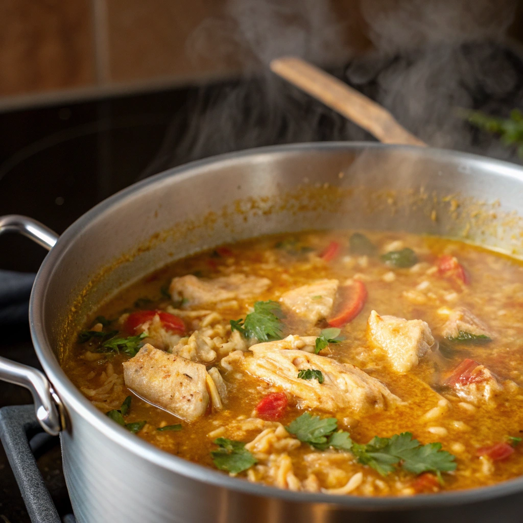  Chopt Spicy Chicken Soup with Rice into a pot