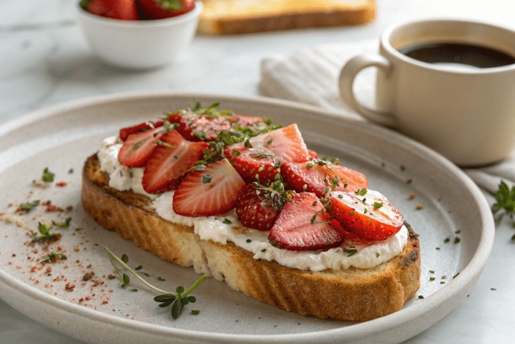 Roasted Strawberry Whipped Ricotta Toast with coffee