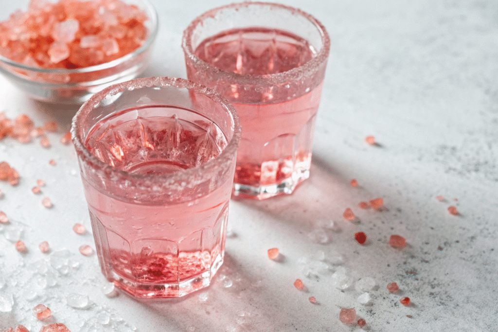 Glasses of pink salt water with Himalayan pink salt crystals on a light surface.