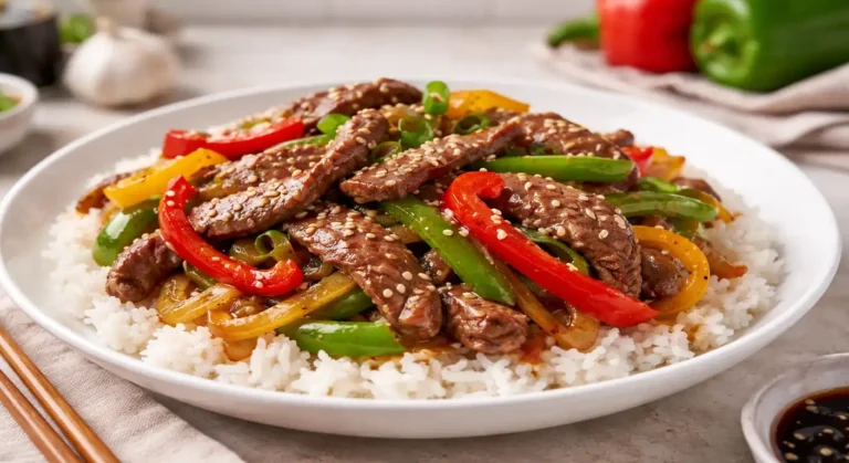 Pepper steak with sliced beef, red and green bell peppers, and onions in savory sauce served over white rice in a simple kitchen setting.