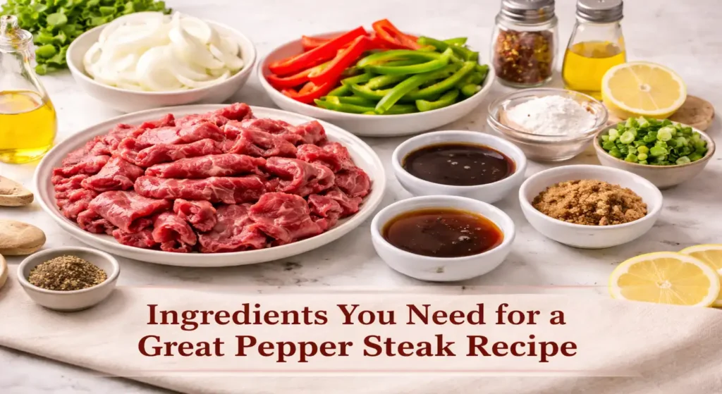 Fresh ingredients for Pepper Steak Recipe including sliced raw beef, red and green bell peppers, onions, garlic, sauces, and seasonings on a kitchen counter.