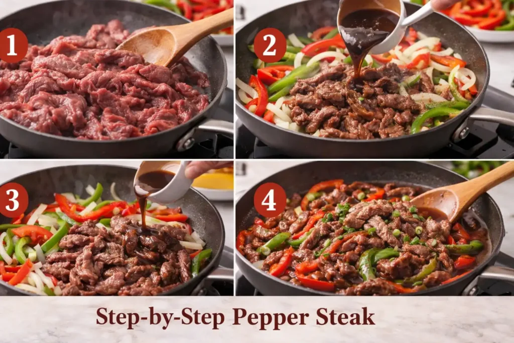 Step-by-step collage showing how to cook Pepper Steak Recipe, including searing beef, sautéing peppers and onions, adding sauce, and finishing the dish in a skillet.