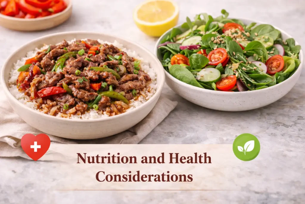 Balanced Pepper Steak Recipe served with rice and a fresh green salad, highlighting healthy meal choices.