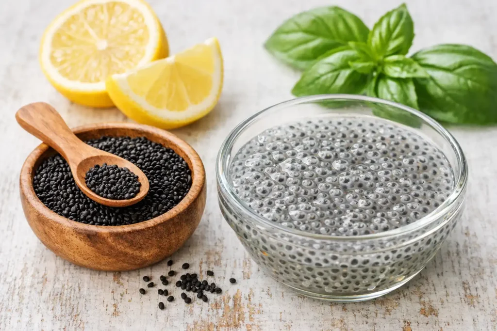 Dry and soaked lemon basil seeds in bowls with fresh lemon slices and green basil leaves on a rustic wooden table.