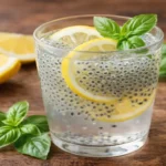 Glass of lemon basil seed drink with soaked translucent basil seeds, fresh lemon slices, and green basil leaves on a wooden table.