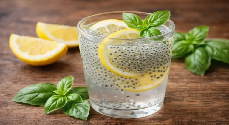 Glass of lemon basil seed drink with soaked translucent basil seeds, fresh lemon slices, and green basil leaves on a wooden table.