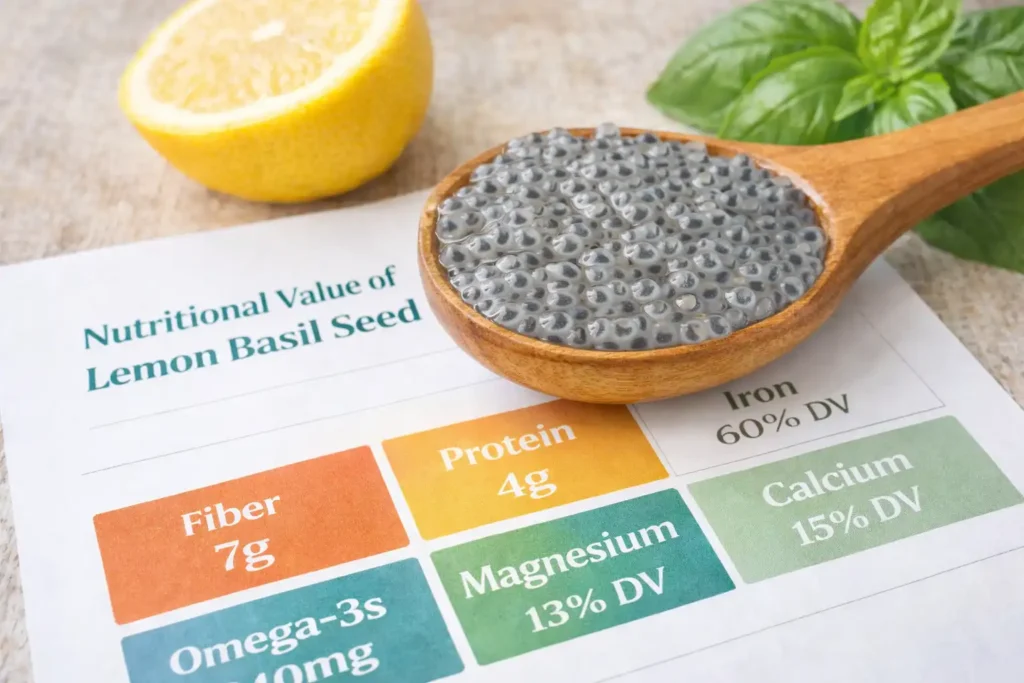 Nutritional value of lemon basil seed showing fiber, protein, omega-3s, iron, magnesium, and calcium with soaked basil seeds in a wooden spoon.