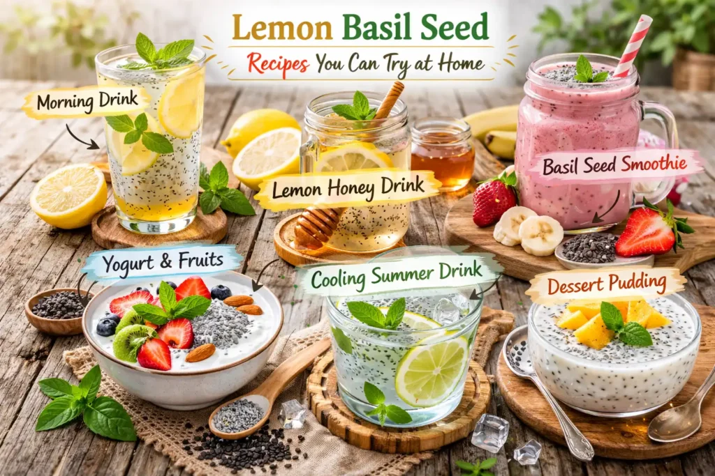 Lemon basil seed recipes including detox drink, smoothie, yogurt bowl, and pudding arranged on a rustic wooden table.