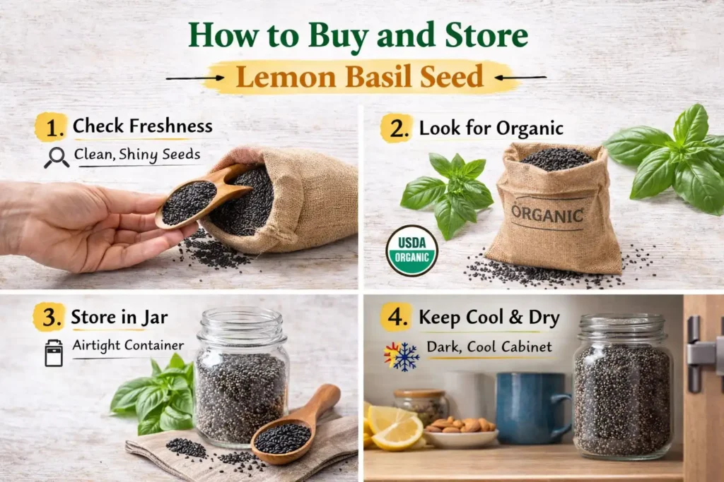 Guide showing how to buy and store lemon basil seed with steps for checking freshness, choosing organic, storing in a jar, and keeping in a cool dry place.