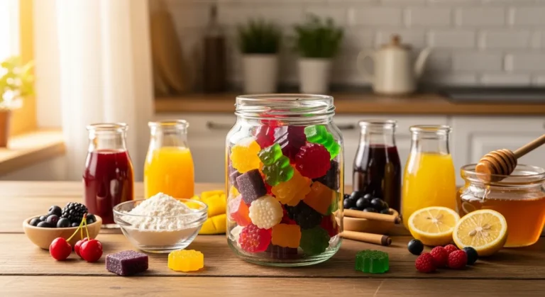 A jar of colorful gelatin gummies with bowls of berries, honey, and fresh lemon slices on a wooden kitchen table.