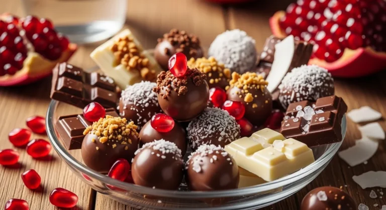 A close-up of a glass bowl overflowing with assorted handmade chocolates, including dark chocolate truffles topped with pomegranate seeds, white chocolate balls coated in coconut flakes, and nutty praline spheres, arranged on a wooden table with fresh pomegranate halves, seeds, and a glass of water nearby.