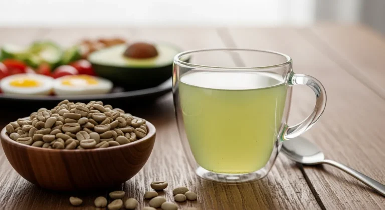 Steaming cup of green coffee keto brew next to a wooden bowl of raw unroasted coffee beans, half an avocado, and a fitness tracker on a bright countertop.
