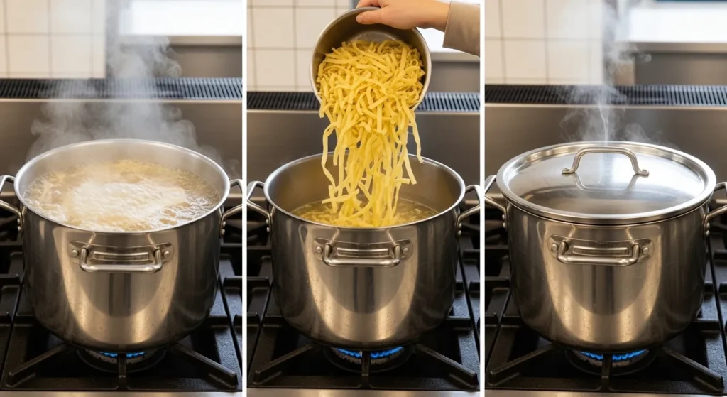 Three-panel sequence showing how to make a cafeteria noodles recipe: boiling broth, adding noodles, and steeping with a lid.