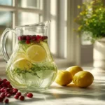 Glass pitcher of Jillian Michaels Detox Water with lemon slices, fresh cranberries, and mint on a marble kitchen counter in natural sunlight.
