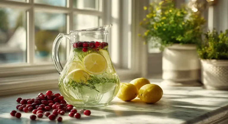 Glass pitcher of Jillian Michaels Detox Water with lemon slices, fresh cranberries, and mint on a marble kitchen counter in natural sunlight.