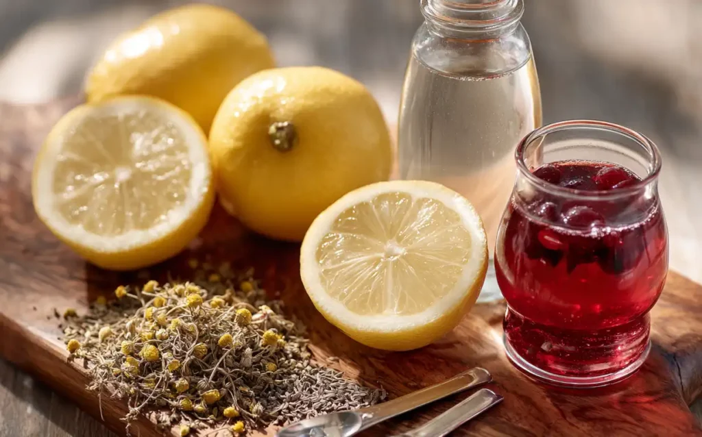 Ingredients for Jillian Michaels Detox Water including fresh lemons, cranberry juice, distilled water, and dried herbal tea on a wooden board.
