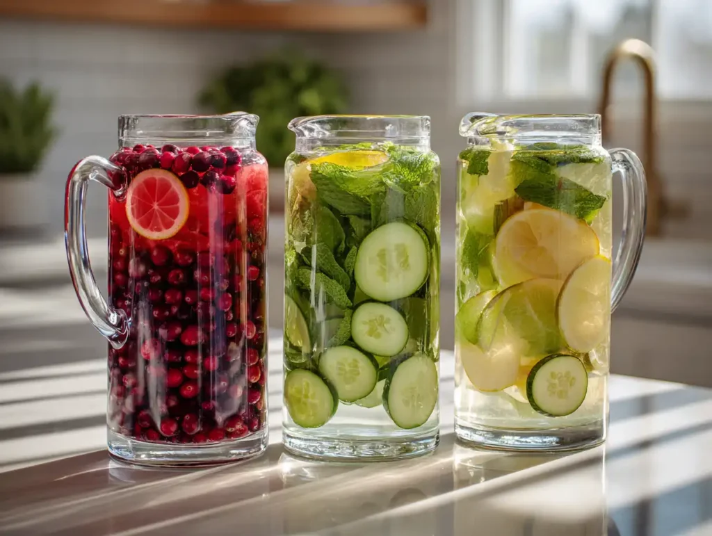 Three pitchers of infused detox water with cranberry lemon, cucumber mint, and lemon lime combinations on a kitchen counter.