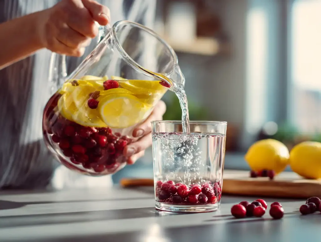 Pouring Jillian Michaels Detox Water with lemon slices and cranberries into a glass in a bright kitchen.